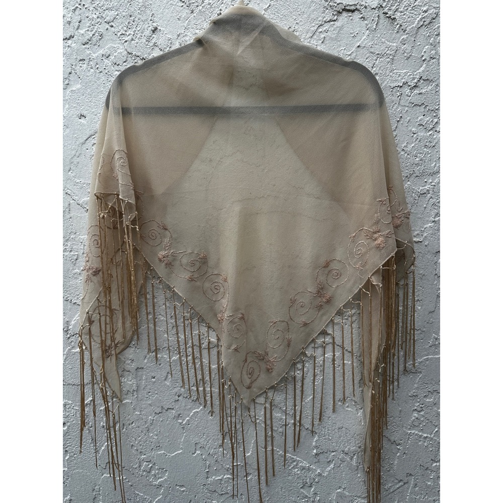 Vintage Beige Sheer Embroidered Triangle Shawl Beaded Fringe Wrap